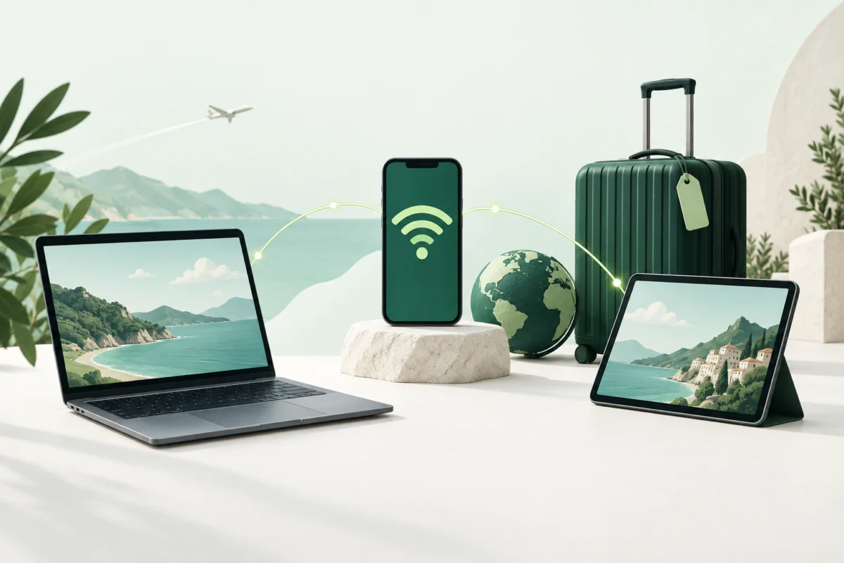 Illustration of a smartphone sharing a travel eSIM connection with a laptop and tablet.