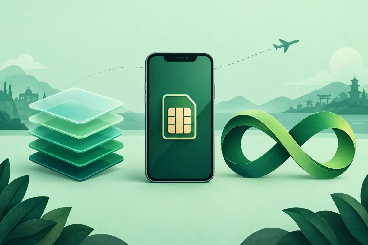 Travel eSIM illustration with a smartphone between a stack of data tiles and an infinity symbol.